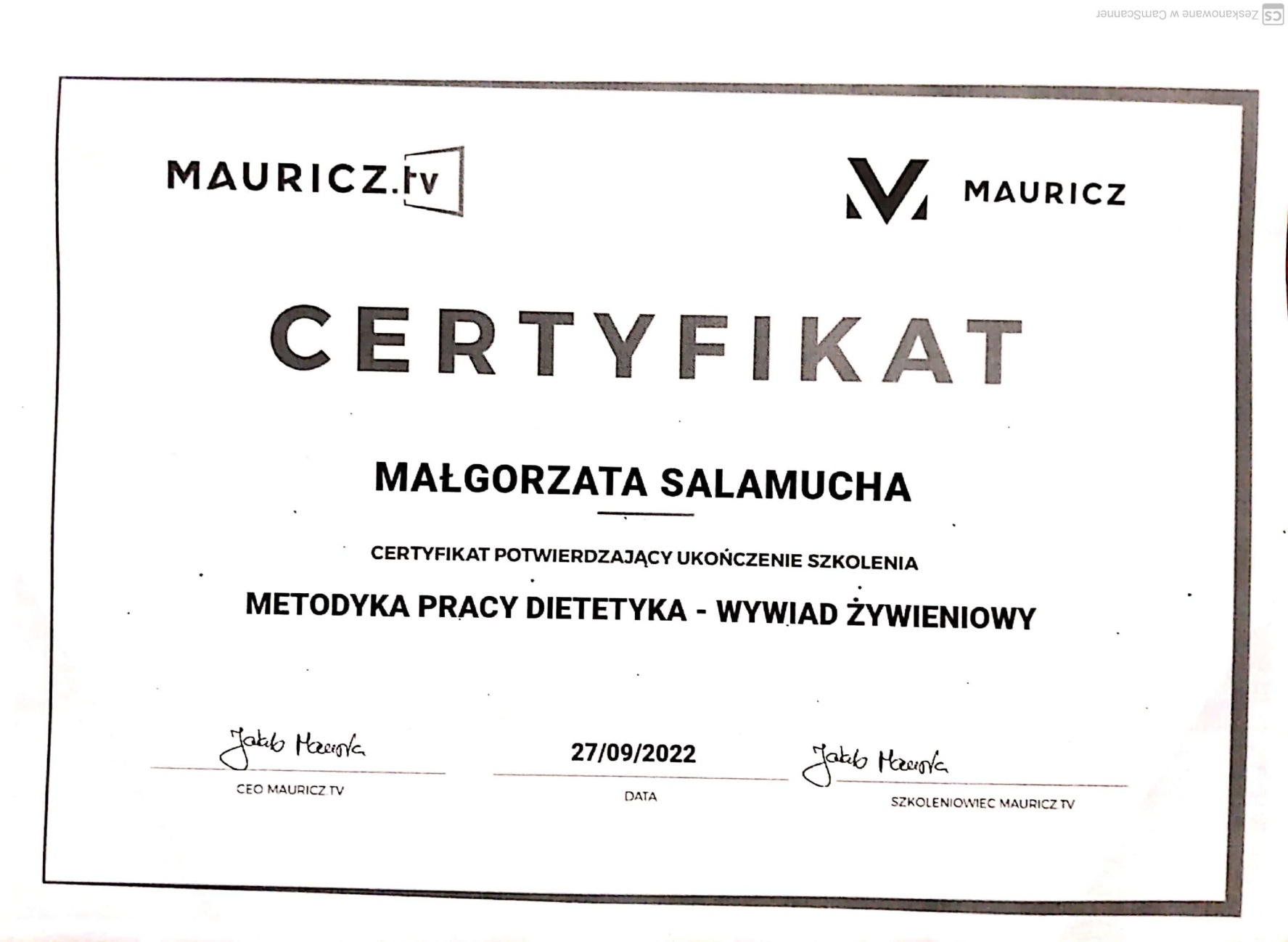 Certyfikat: CERTYFIKAT SZKOLENIA METODYKA PRACY DIETETYKA — 27/09/2022