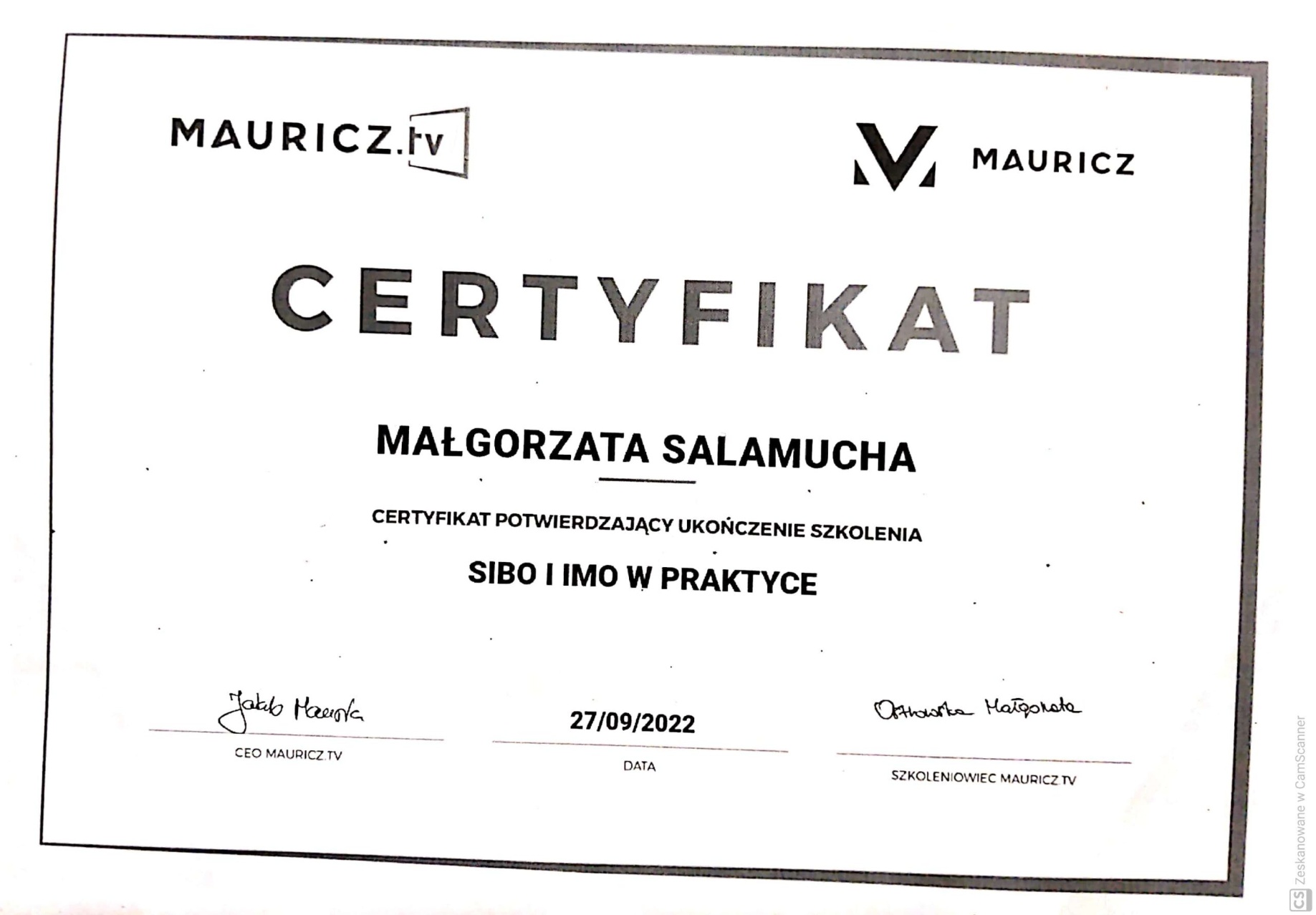 Certyfikat: CERTYFIKAT POTWIERDZAJĄCY UKOŃCZENIE SZKOLENIAN SIBO I IM... — 27/09/2022