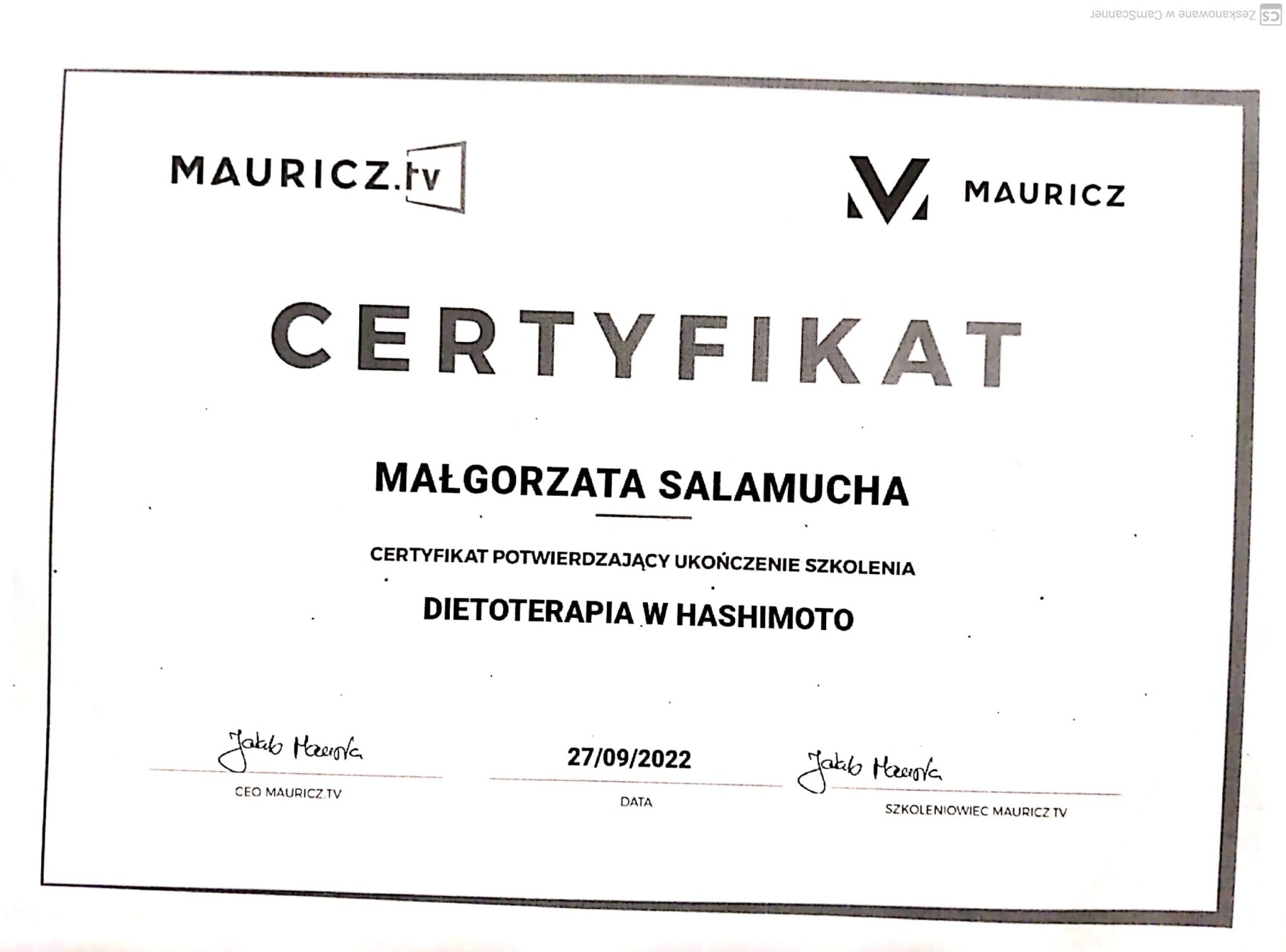 Certyfikat: CERTYFIKAT POTWIERDZAJĄCY UKOŃCZENIE SZKOLENIA DIETOTERAP... — 27/09/2022