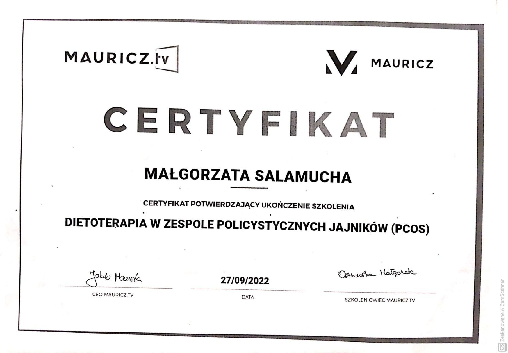 Certyfikat: CERTYFIKAT POTWIERDZAJĄCY UKOŃCZENIE SZKOLENIA DIETOTERAP... — 27/09/2022