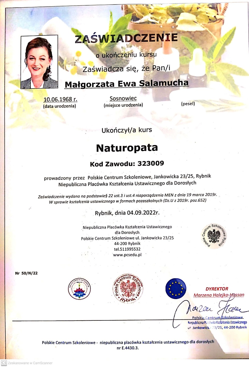 Certyfikat: Certyfikat potwierdzający ukończenie kursu Naturopata — 04.09.2022