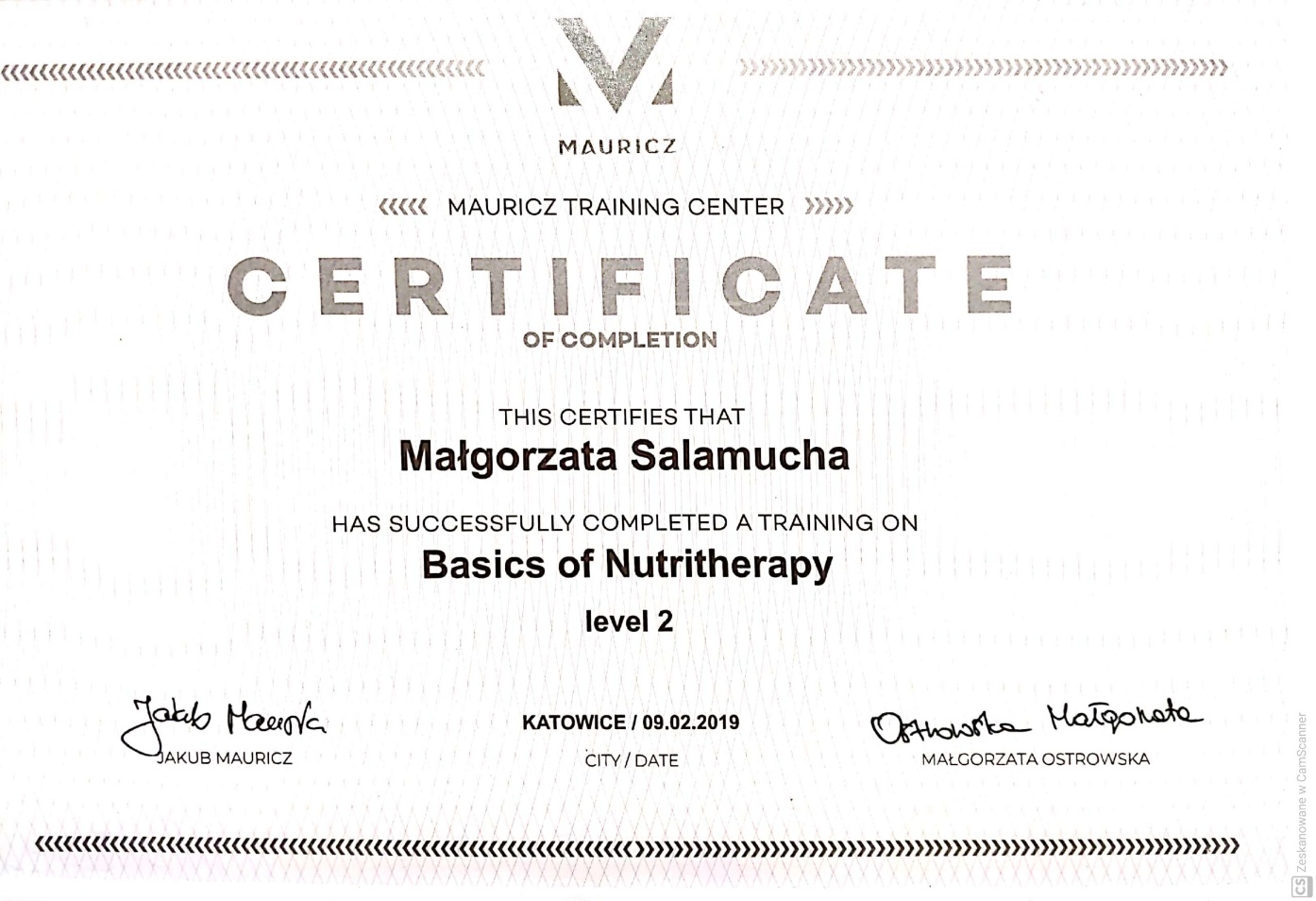 Certyfikat: CERTYFIKAT — 09.02.2019