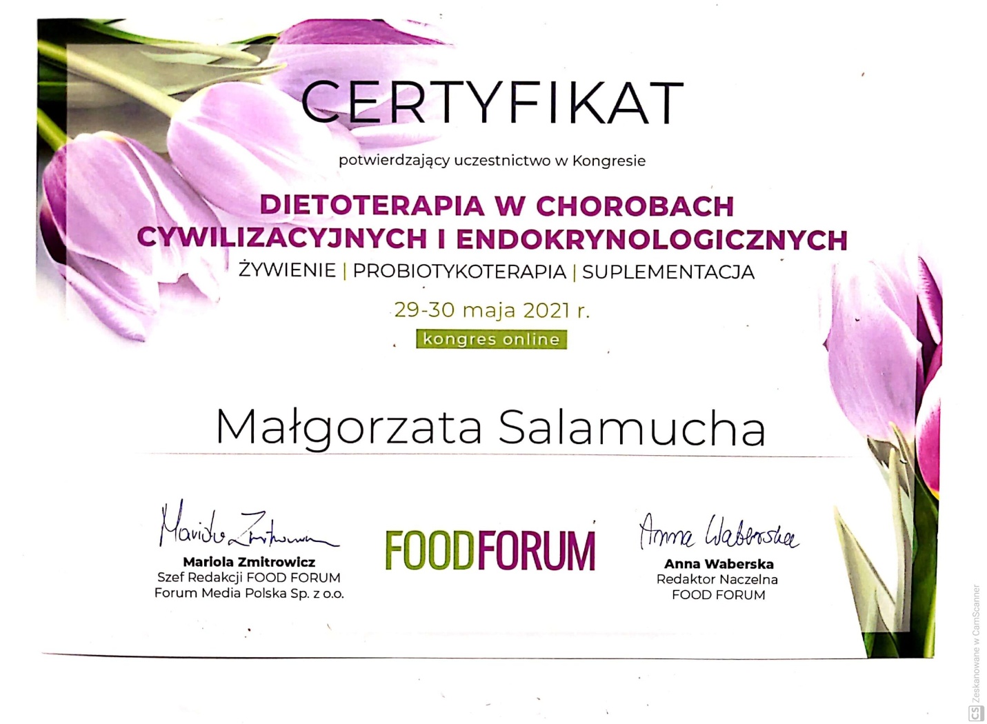 Certyfikat: CERTYFIKAT UCZESTNICTWA W KONGRESIE DIETOTERAPIA W CHOROB... — 29-30 maja 2021 r.