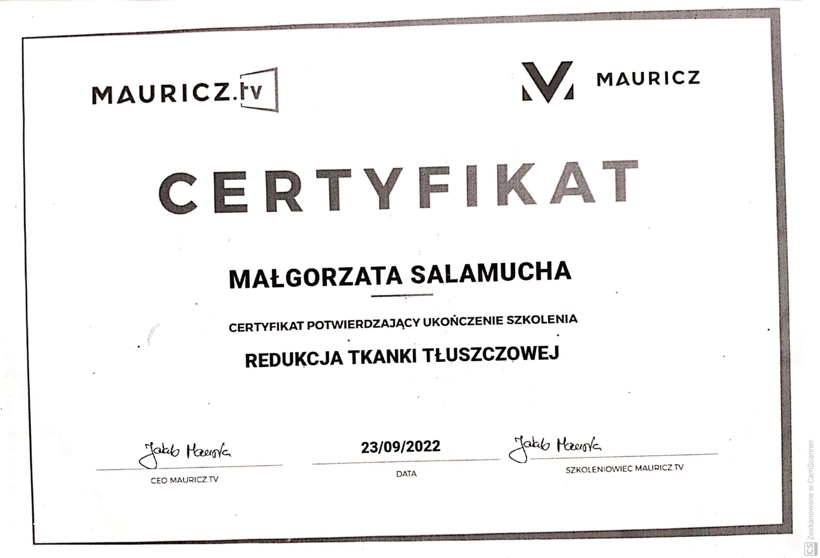 Certyfikat: CERTYFIKAT POTWIERDZAJACY UKONCZENIE SZKOLENIA REDUKCJA T... — 23/09/2022
